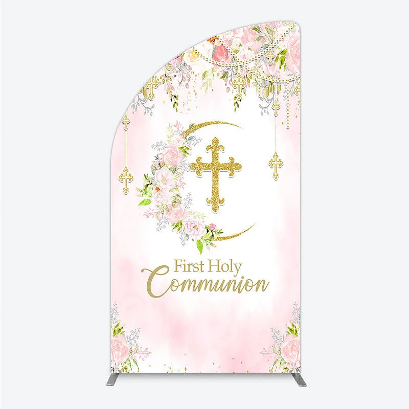 Aperturee - Aperturee Pink Floral First Holy Communion Half Moon Arch Backdrop Elegant Gold Glitter Cross Religious Decor