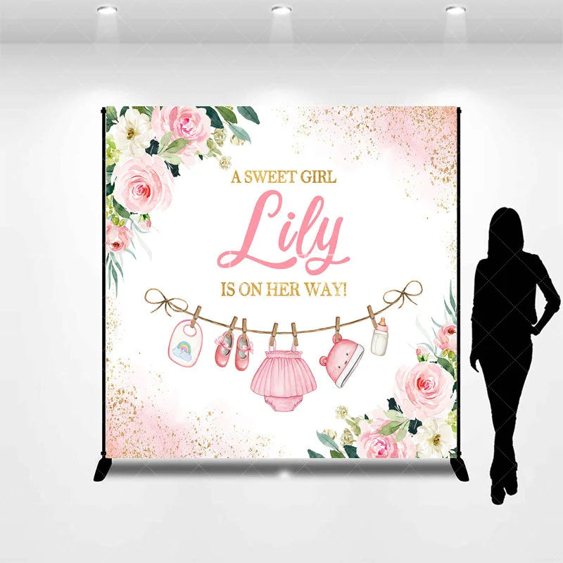 Aperturee - Aperturee Pink Floral Glitter Baby Clothesline Custom Backdrop A Sweet Girl Is On Her Way Baby Shower Gender Reveal Party Decor
