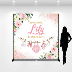 Aperturee - Aperturee Pink Floral Glitter Baby Clothesline Custom Backdrop A Sweet Girl Is On Her Way Baby Shower Gender Reveal Party Decor