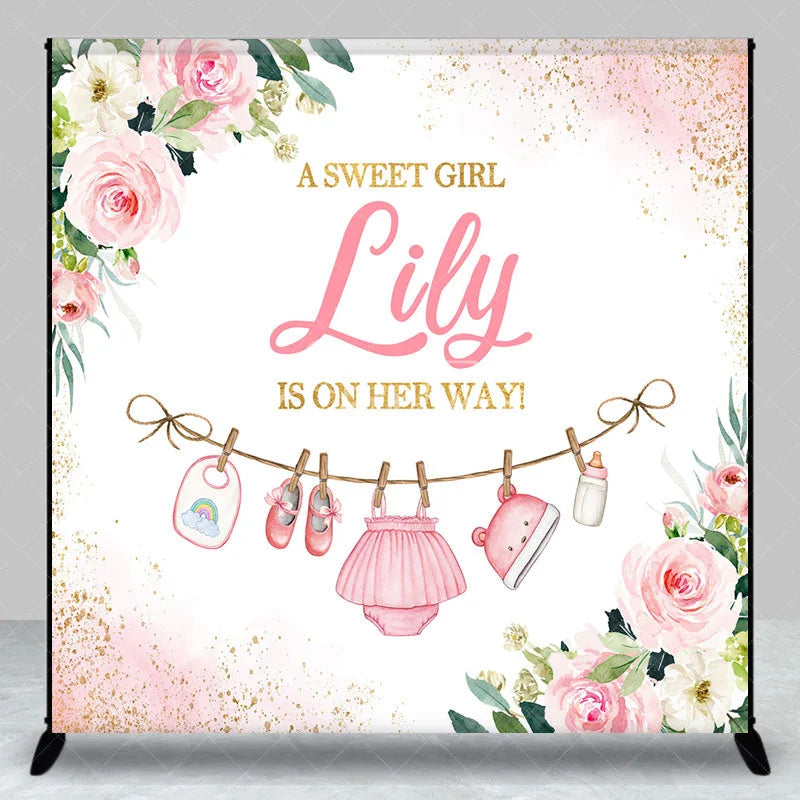 Aperturee - Aperturee Pink Floral Glitter Baby Clothesline Custom Backdrop A Sweet Girl Is On Her Way Baby Shower Gender Reveal Party Decor