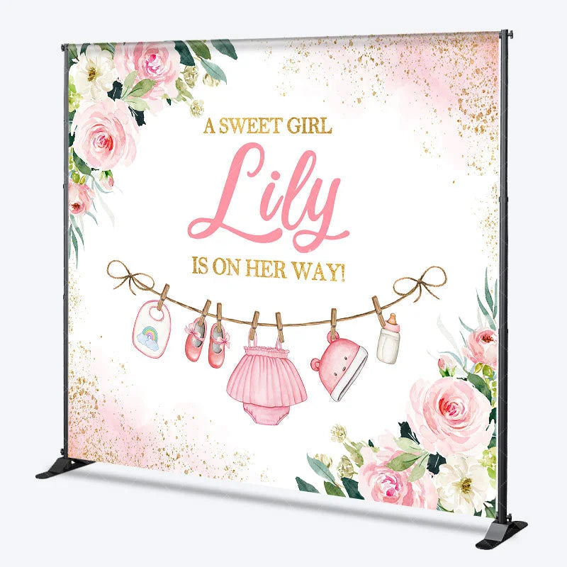 Aperturee - Aperturee Pink Floral Glitter Baby Clothesline Custom Backdrop A Sweet Girl Is On Her Way Baby Shower Gender Reveal Party Decor