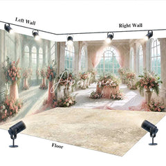 Aperturee - Aperturee Pink Floral Grand Hall Arched Windows Room Set Backdrop Elegant Wedding Photography Decor