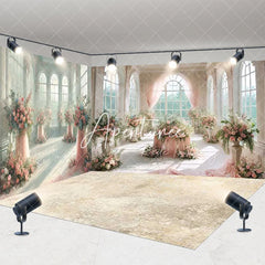 Aperturee - Aperturee Pink Floral Grand Hall Arched Windows Room Set Backdrop Elegant Wedding Photography Decor