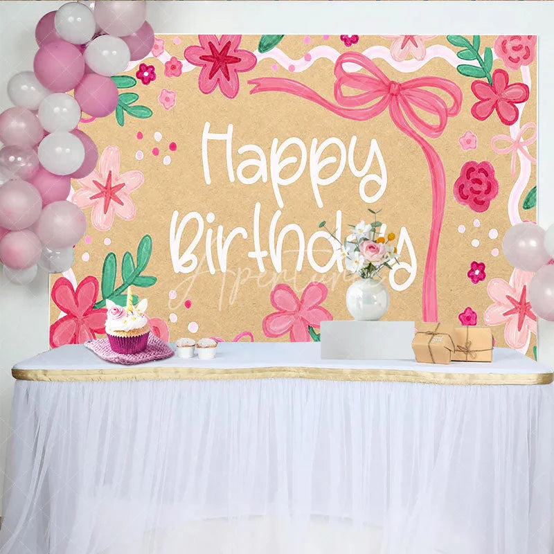 Aperturee - Aperturee Pink Floral Happy Birthday Backdrop Kraft Paper Style Garden Party Decoration for Girls