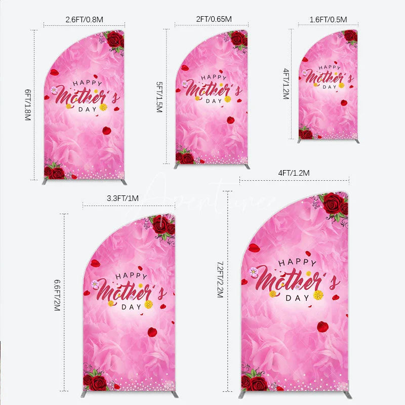 Aperturee - Aperturee Pink Floral Happy Mother’s Day Half Moon Arch Backdrop with Red Roses and Glitter Pearls Elegant Celebration Decor