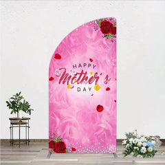 Aperturee - Aperturee Pink Floral Happy Mother’s Day Half Moon Arch Backdrop with Red Roses and Glitter Pearls Elegant Celebration Decor
