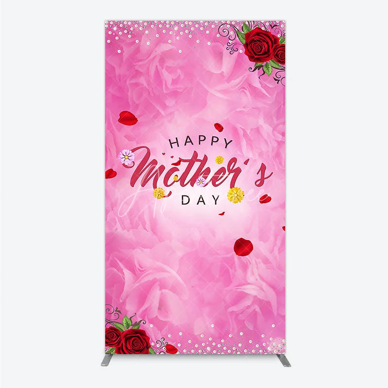 Aperturee - Aperturee Pink Floral Happy Mother’s Day Rectangle Arch Backdrop with Red Roses and Pearl Glitter Decor