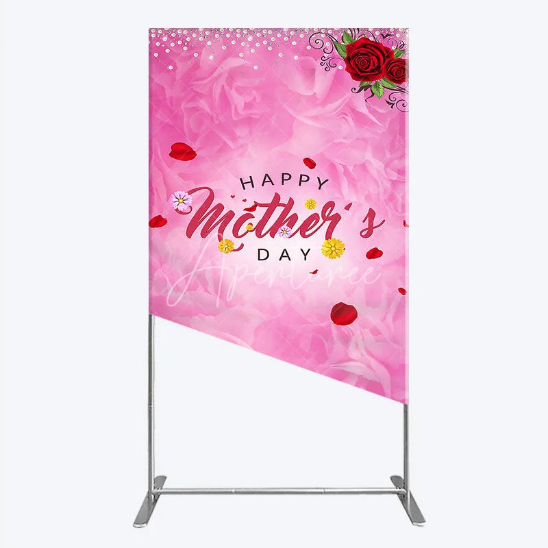 Aperturee - Aperturee Pink Floral Happy Mother’s Day Rectangle Arch Backdrop with Red Roses and Pearl Glitter Decor
