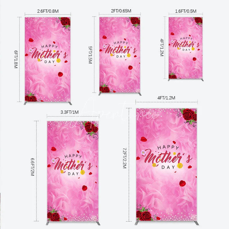 Aperturee - Aperturee Pink Floral Happy Mother’s Day Rectangle Arch Backdrop with Red Roses and Pearl Glitter Decor