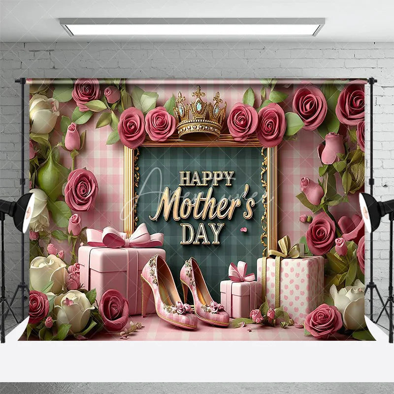 Aperturee - Aperturee Pink Floral Happy Mothers Day Combo Set Backdrop Crown High Heels Photography Background