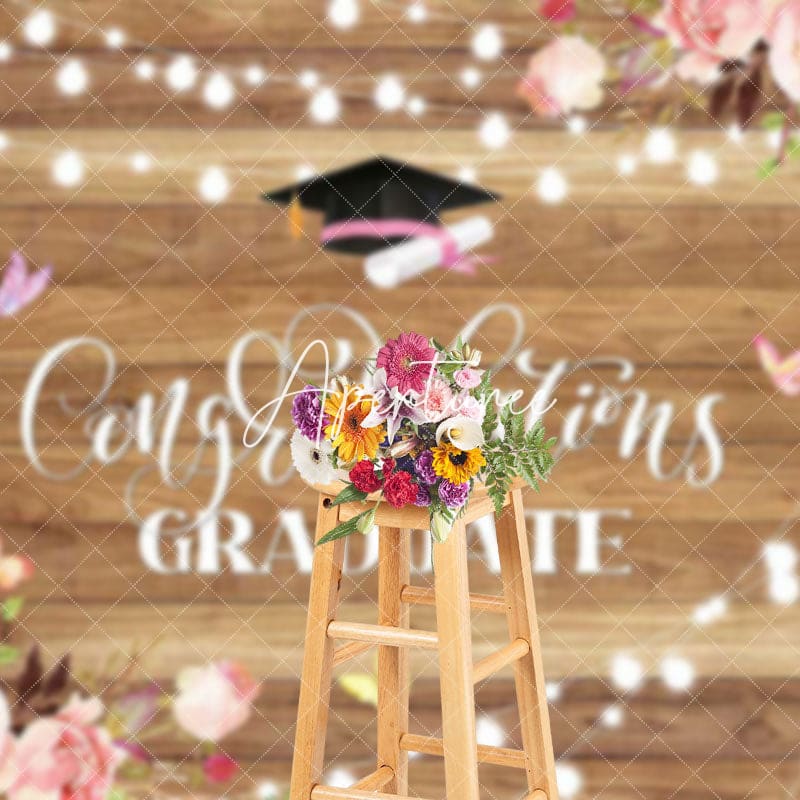 Aperturee - Aperturee Pink Floral Lighted Wood Grain Cheers Grad Backdrop