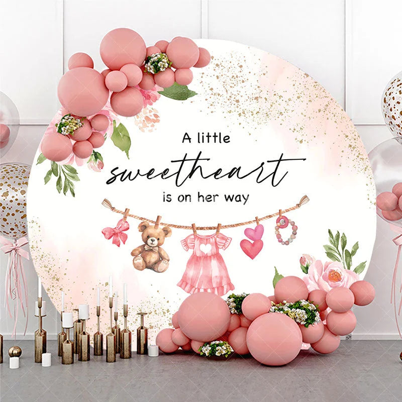 Aperturee - Aperturee Pink Floral Little Sweetheart Baby Shower Round Backdrop Rose and Baby Clothes Girl Party Cover