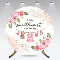 Aperturee - Aperturee Pink Floral Little Sweetheart Baby Shower Round Backdrop Rose and Baby Clothes Girl Party Cover