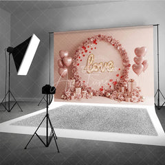 Aperturee - Aperturee Pink Floral Love Marquee Lights Backdrop Paper Flower Arch Heart Balloons Background Wedding Photography Decor