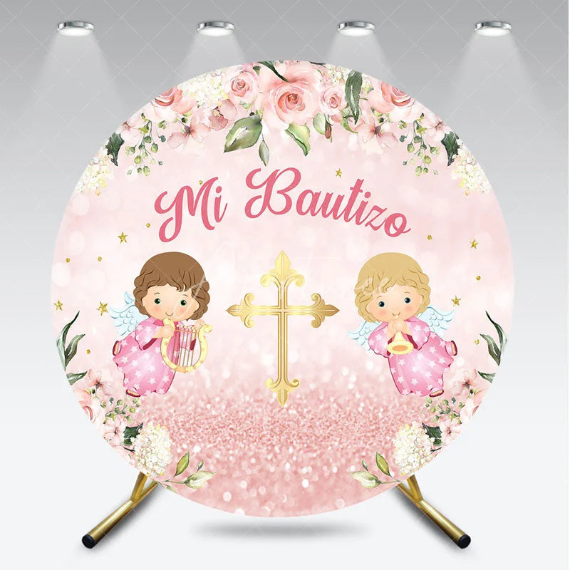 Aperturee - Aperturee Pink Floral Mi Bautizo Round Backdrop featuring Golden Cross and Baby Angels for Baptism Celebration