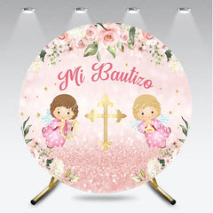 Aperturee - Aperturee Pink Floral Mi Bautizo Round Backdrop featuring Golden Cross and Baby Angels for Baptism Celebration