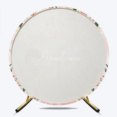 Aperturee - Aperturee Pink Floral Mi Bautizo Round Backdrop featuring Golden Cross and Baby Angels for Baptism Celebration
