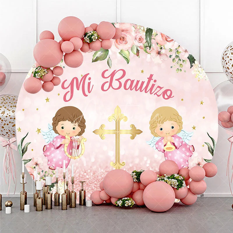 Aperturee - Aperturee Pink Floral Mi Bautizo Round Backdrop featuring Golden Cross and Baby Angels for Baptism Celebration