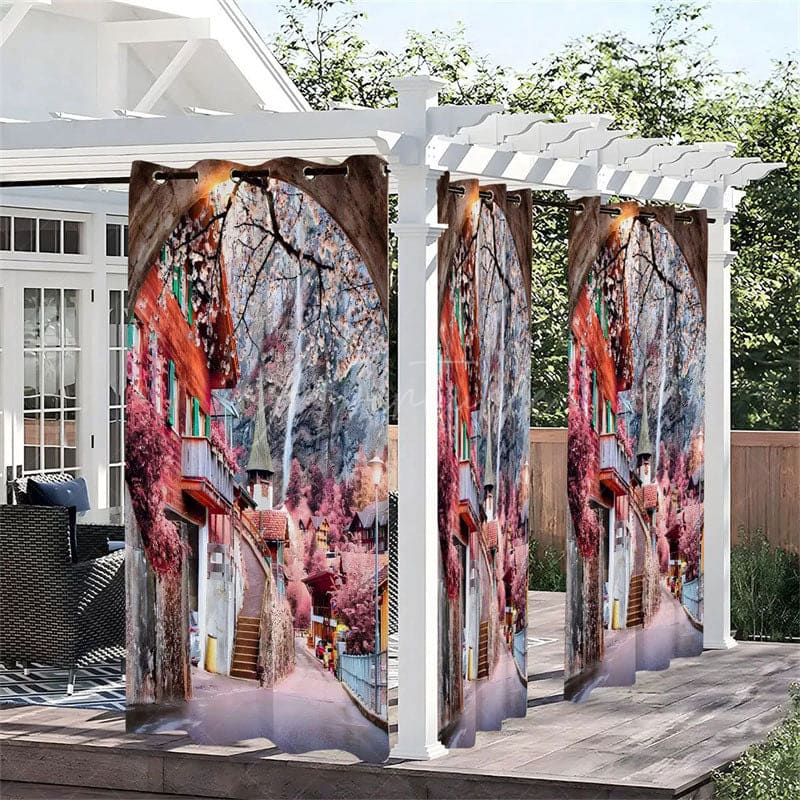 Aperturee - Aperturee Pink Floral Path Waterproof Printed Outdoor Curtains