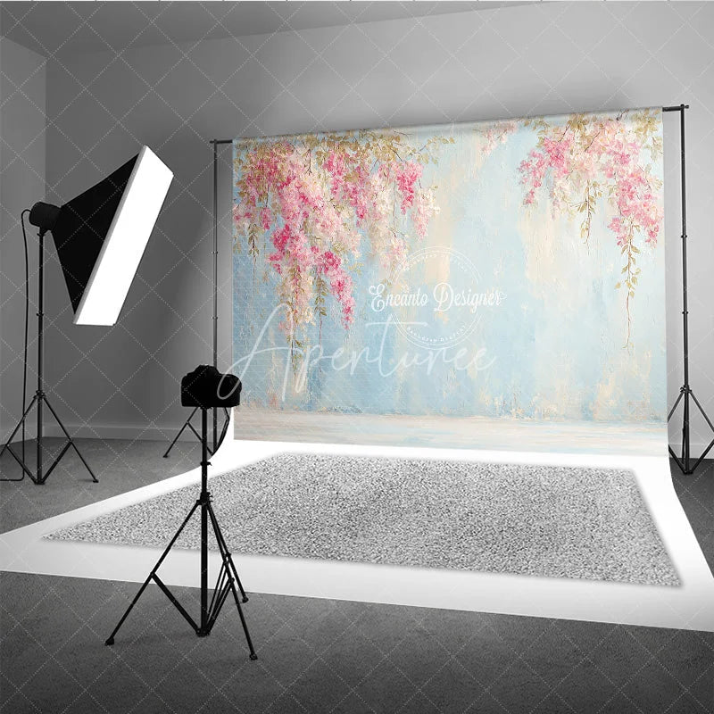 Aperturee - Aperturee Pink Floral Photography Backdrop Flowers on a Blue Textured Wall Painterly Fine Art Portrait Background