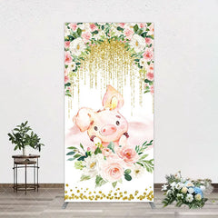 Aperturee - Aperturee Pink Floral Pig Gold Glitter Birthday Arch Backdrop