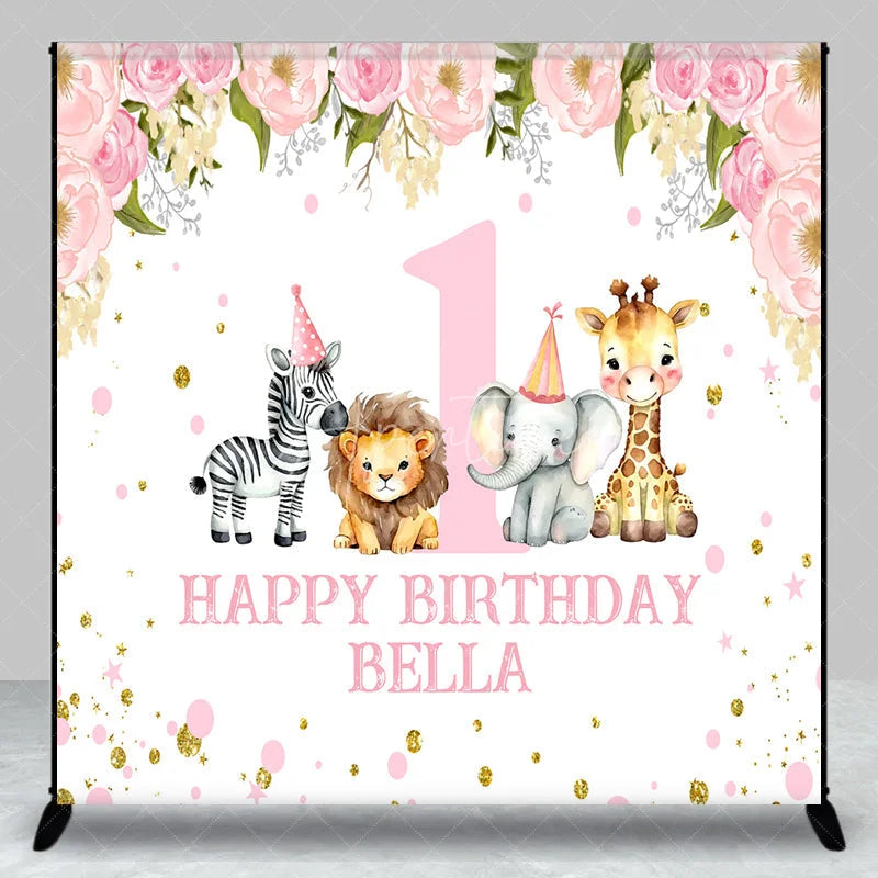 Aperturee - Aperturee Pink Floral Safari Animals First Birthday Custom Backdrop with Party Hats Personalized Happy Birthday Decor