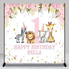 Aperturee - Aperturee Pink Floral Safari Animals First Birthday Custom Backdrop with Party Hats Personalized Happy Birthday Decor