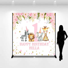 Aperturee - Aperturee Pink Floral Safari Animals First Birthday Custom Backdrop with Party Hats Personalized Happy Birthday Decor