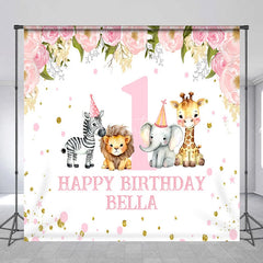 Aperturee - Aperturee Pink Floral Safari Animals First Birthday Custom Backdrop with Party Hats Personalized Happy Birthday Decor