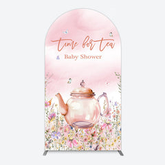 Aperturee - Aperturee Pink Floral Time For Tea Baby Shower Arch Backdrop