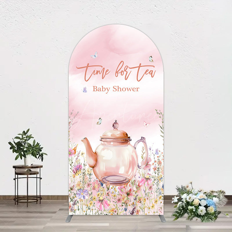 Aperturee - Aperturee Pink Floral Time For Tea Baby Shower Arch Backdrop