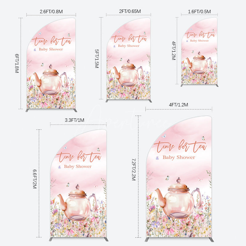 Aperturee - Aperturee Pink Floral Time For Tea Baby Shower Half Moon Arch Backdrop