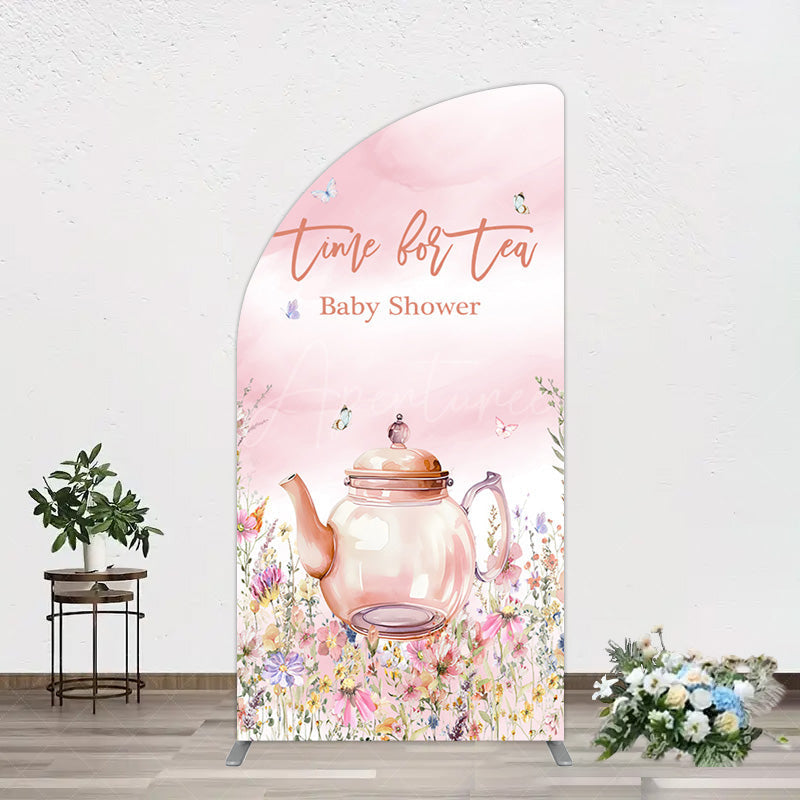 Aperturee - Aperturee Pink Floral Time For Tea Baby Shower Half Moon Arch Backdrop