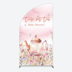 Aperturee - Aperturee Pink Floral Time For Tea Baby Shower Half Moon Arch Backdrop