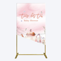 Aperturee - Aperturee Pink Floral Time For Tea Baby Shower Rectangle Backdrop