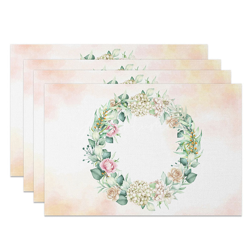 Aperturee - Aperturee Pink Floral Wreath Placemats Set of 4 with Greenery for Wedding Bridal Shower and Spring Table Decor