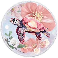 Aperturee - Aperturee Pink Flower Returnee Minimalist Round Beach Towel
