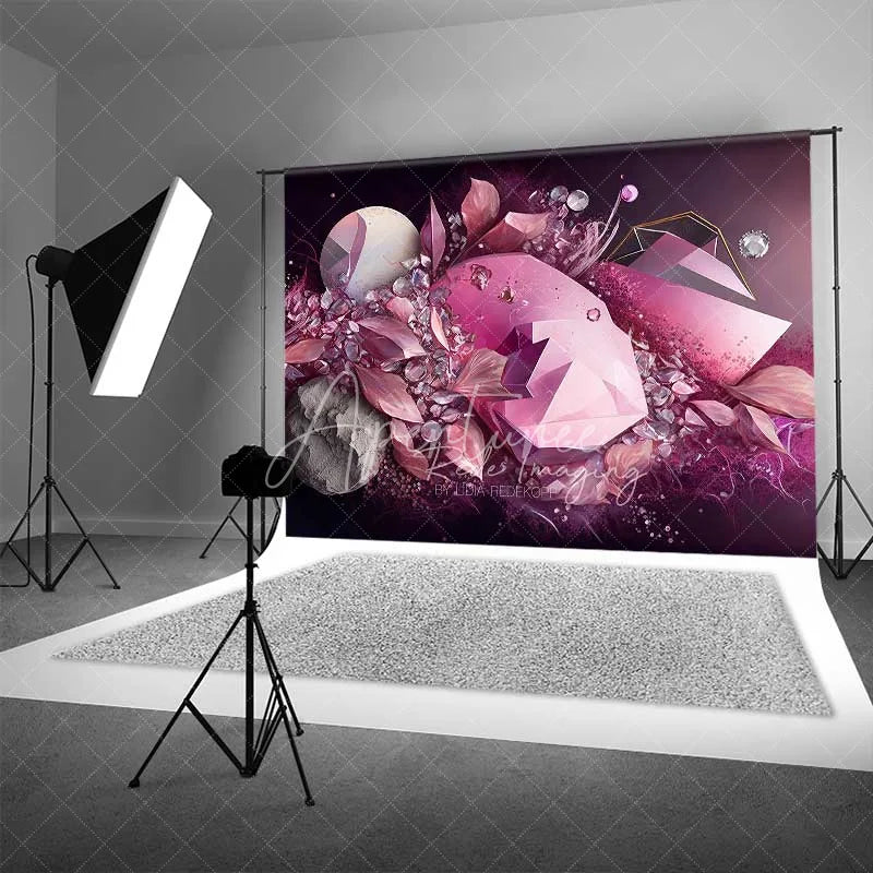 Aperturee - Aperturee Pink Geometric Crystal and Floral Backdrop Abstract Gems Photography Background Elegant Party Decor