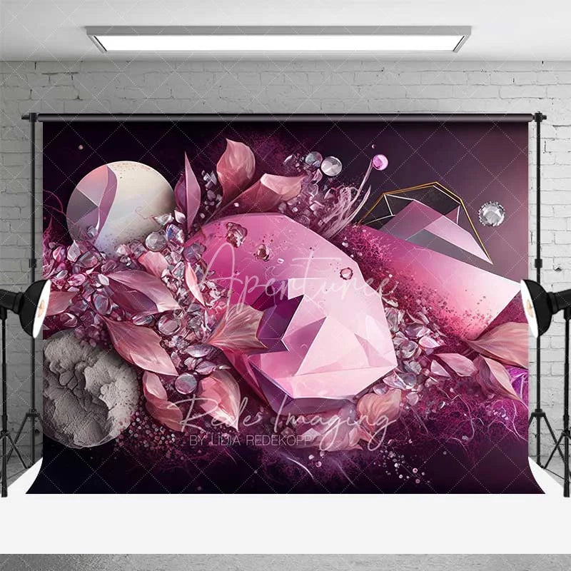 Aperturee - Aperturee Pink Geometric Crystal and Floral Backdrop Abstract Gems Photography Background Elegant Party Decor