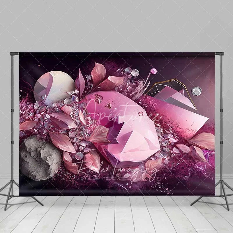 Aperturee - Aperturee Pink Geometric Crystal and Floral Backdrop Abstract Gems Photography Background Elegant Party Decor