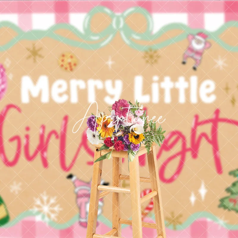 Aperturee - Aperturee Pink Gingham Merry Little Girls Night Holiday Backdrop Festive Disco Ball and Santa Christmas Tree Party Decor.
