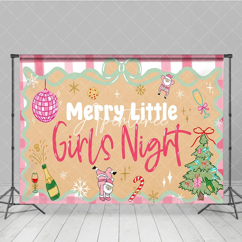 Aperturee - Aperturee Pink Gingham Merry Little Girls Night Holiday Backdrop Festive Disco Ball and Santa Christmas Tree Party Decor.