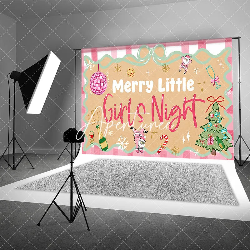 Aperturee - Aperturee Pink Gingham Merry Little Girls Night Holiday Backdrop Festive Disco Ball and Santa Christmas Tree Party Decor.