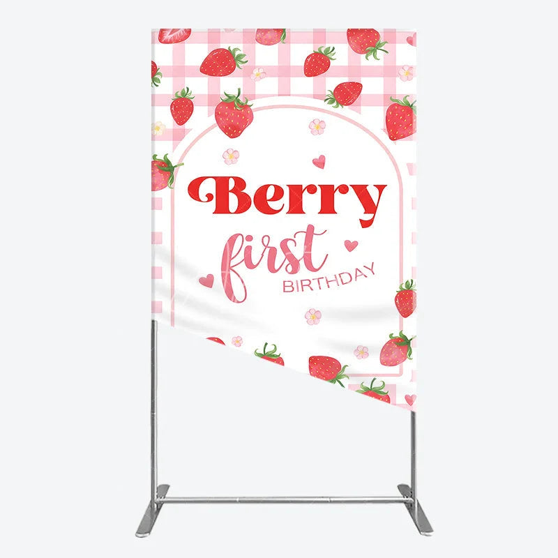 Aperturee - Aperturee Pink Gingham Strawberry Berry First Birthday Rectangle Arch Backdrop with Cute Hearts and Flowers Sweet Party Decor.