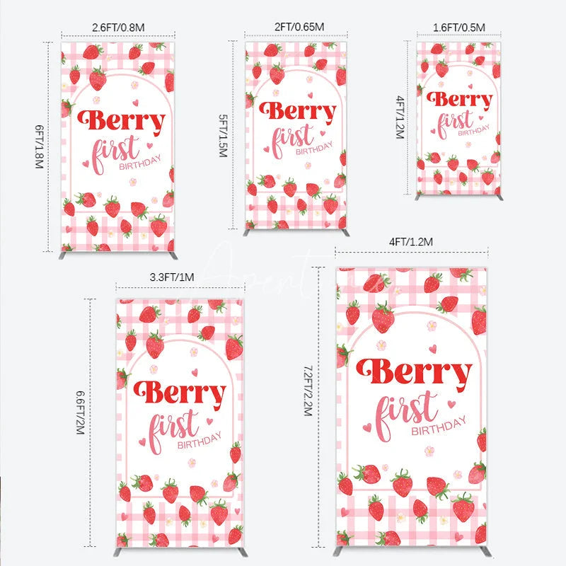 Aperturee - Aperturee Pink Gingham Strawberry Berry First Birthday Rectangle Arch Backdrop with Cute Hearts and Flowers Sweet Party Decor.