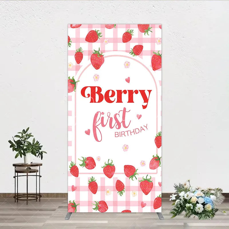 Aperturee - Aperturee Pink Gingham Strawberry Berry First Birthday Rectangle Arch Backdrop with Cute Hearts and Flowers Sweet Party Decor.