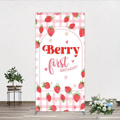 Aperturee - Aperturee Pink Gingham Strawberry Berry First Birthday Rectangle Arch Backdrop with Cute Hearts and Flowers Sweet Party Decor.