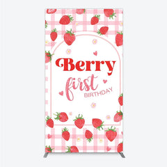 Aperturee - Aperturee Pink Gingham Strawberry Berry First Birthday Rectangle Arch Backdrop with Cute Hearts and Flowers Sweet Party Decor.