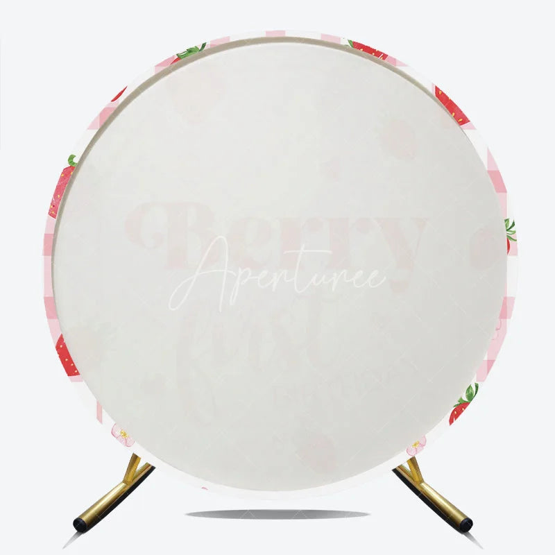 Aperturee - Aperturee Pink Gingham Strawberry Berry First Birthday Round Backdrop Sweet Baby Girl Party Decoration