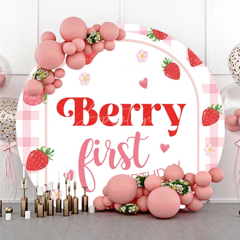 Aperturee - Aperturee Pink Gingham Strawberry Berry First Birthday Round Backdrop Sweet Baby Girl Party Decoration